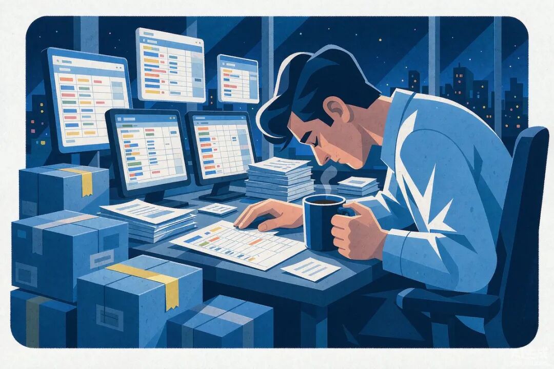 一个人、几块屏幕、一堆等着手工搬上线的货——上架慢,根子就在这里